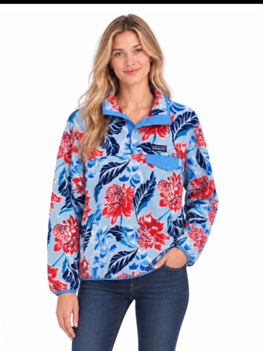 Patagonia Women’s Synchilla Snap-T Pullover Monia Dusk Blue Hawaiian Floral XL